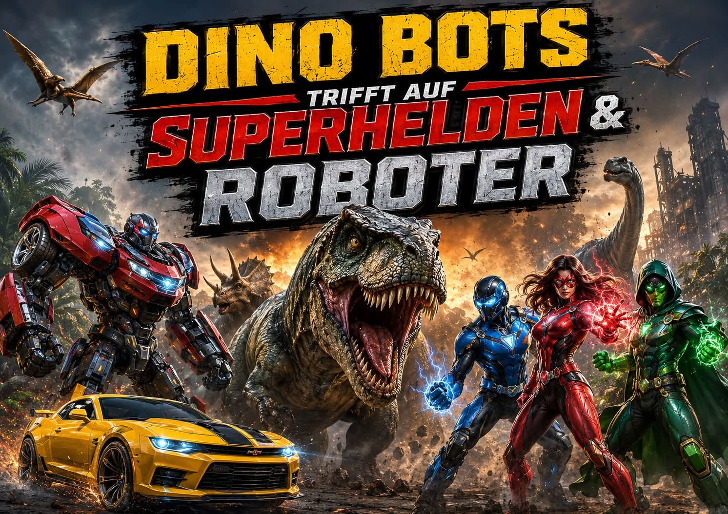 Dino Bots treffen auf Superhelden und Roboter: Werbemotiv mit T-Rex, Stahlroboter und kostümierten Helden